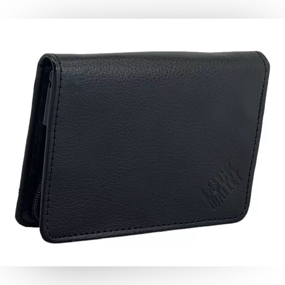 Vintage 90s 00s LOCK WALLET Leather Card Photo Wallet ID Holder Zip Around BLACK